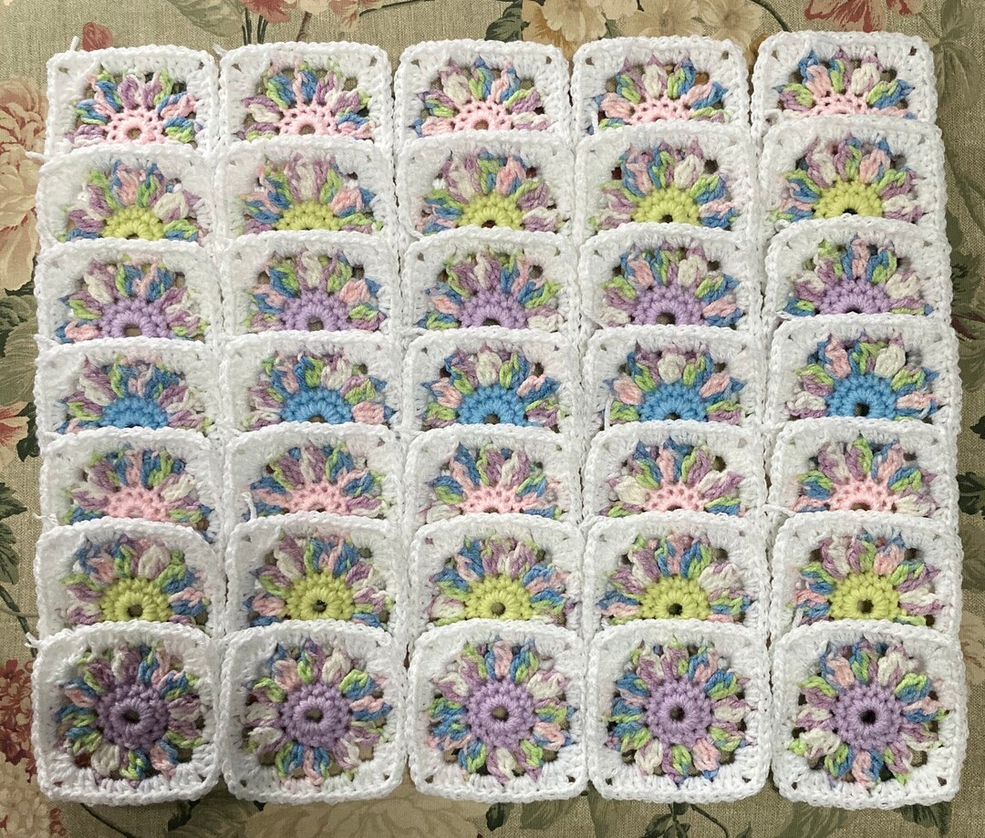 35 Floral Granny Squares Crochet Blocks Pastel Multi Pink Lavendar ...