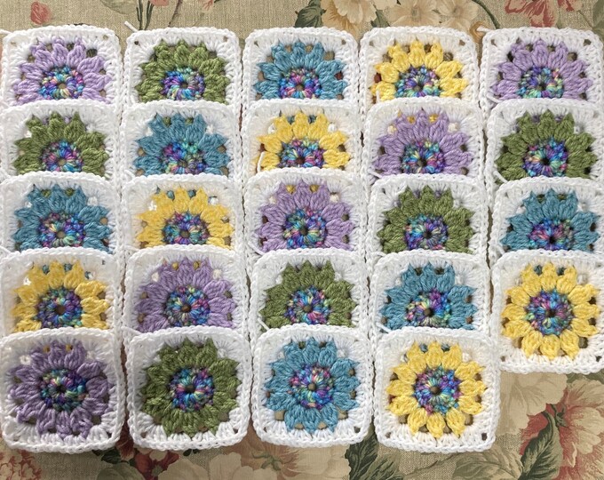 24 Granny Squares Floral Crochet Blocks Crocheted Lavender Green Blue ...