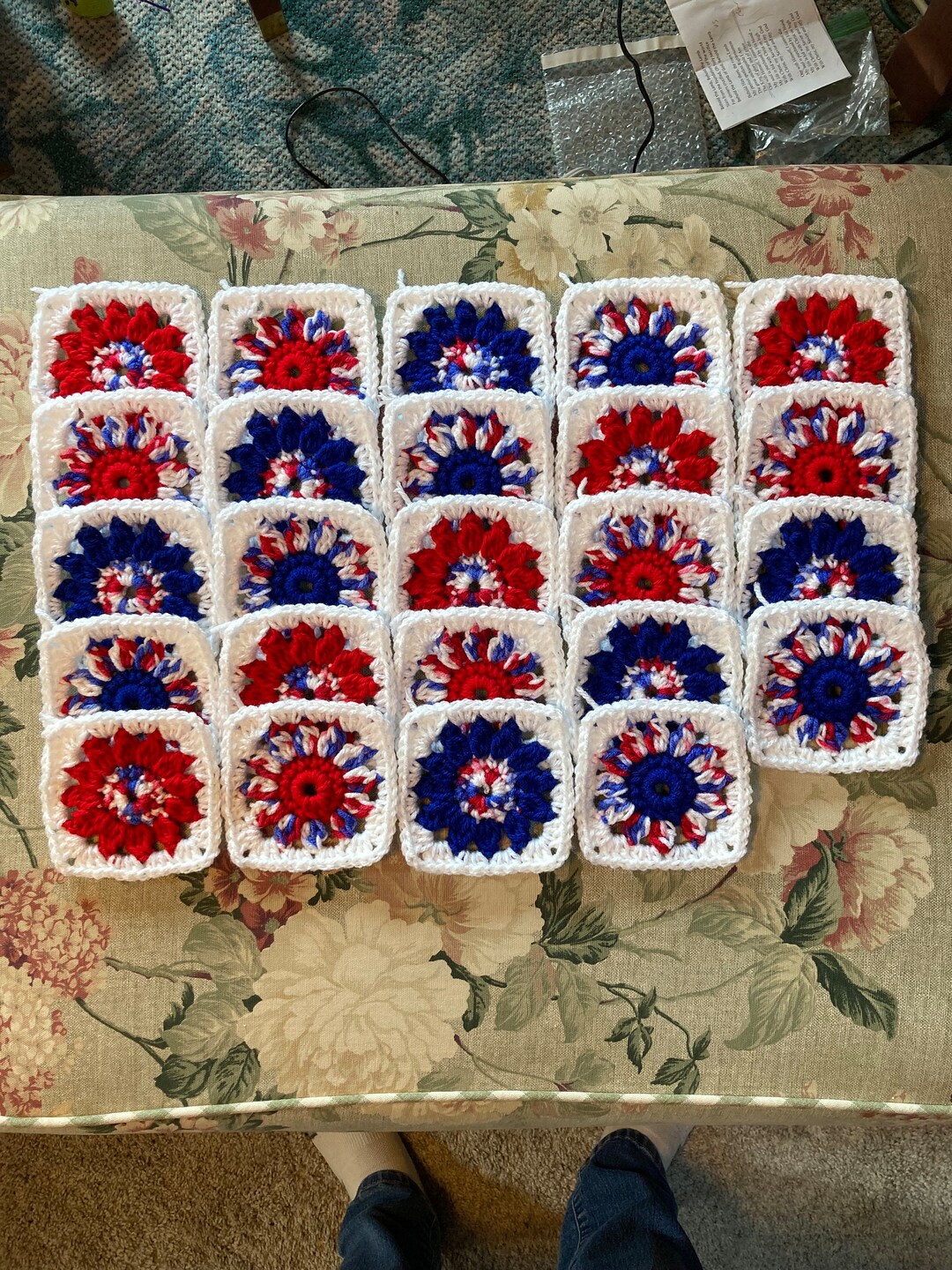 24 Floral Granny Squares Crochet Blocks Crocheted Red White Blue With ...