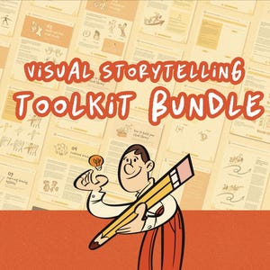 Puede incluir: Ilustración de dibujos animados de un hombre sosteniendo un lápiz grande y una bombilla. La imagen está superpuesta sobre un fondo de papeles beige con bocetos y el texto "VISUAL STORYTELLING TOOLKIT BUNDLE" en rojo y blanco.
