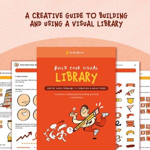 Może przedstawiać: Pomarańczowy zeszyt ćwiczeń zatytułowany "Build Your Visual Library" z podtytułem "Master Simple Drawings to Transform Complex Ideas". Okładka zawiera ilustrację z kreskówki przedstawiającą osobę z ołówkiem. Tekst "A Creative Guide to Building and Using a Visual Library" znajduje się na górze.