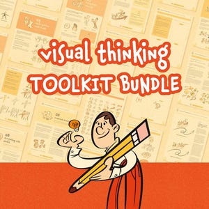 Może przedstawiać: Ilustracja promująca "Visual Thinking Toolkit Bundle". Obraz przedstawia uśmiechniętego mężczyznę trzymającego duży ołówek i żarówkę. Tło zawiera kilka stron z diagramami i tekstem "Visual Thinking Toolkit Bundle".