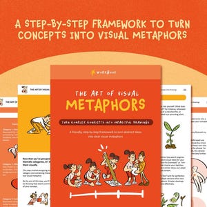 Puede incluir: Un cuaderno naranja titulado "The Art of Visual Metaphors" con el subtítulo "Convierte conceptos complejos en dibujos impactantes". La portada presenta ilustraciones de personas dibujando y el texto "Un marco paso a paso para convertir conceptos en metáforas visuales."