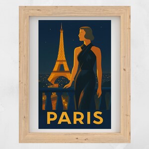 Paris Nights Vintage Travel Poster – Elegant Evening Gown Illustration, Retro Fashion Wall Art