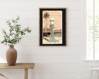 Póster de viaje vintage de Palm Springs: ilustración de un vestido moderno de mediados de siglo, arte mural del desierto