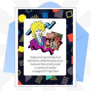 May include: Greeting card with a retro illustration of a woman with big hair and a purple jacket. The card includes text and a magazine cover. The card is inside a light blue envelope.