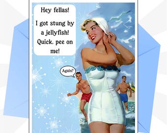 Funny Just for Fun Greeting Card Size A2, "Retro Jellyfish Sting", Quirky Friendship Adult Humor