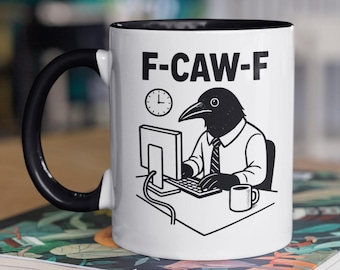 F-CAW-F Crow Mug - Funny Crow in Suit Coffee Mug, Dark Humor Office Gift, Sarcastic Gothic Bird Cup, Spooky Raven Drinkware