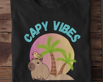 Cute Capybara Tropical Tee - Capy Vibes Beach Sunset Shirt: Funny Capybara Bird Graphic T-Shirt