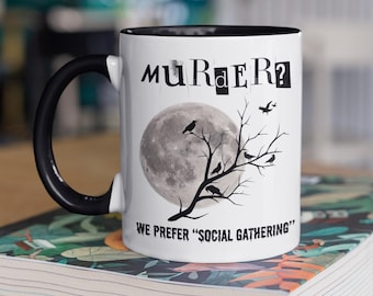 Caneca de café com trocadilho sobre assassinato de corvos, divertida para entusiastas de mistério, caneca para fãs de corvos, utensílio de chá para o Halloween e outono, presente para amantes de corvos, presente para quem ama animais.