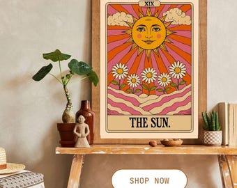 The Sun Tarot Print - Boho Wall Art, Retro Tarot Card Poster, Vintage Sun Illustration, Spiritual Home Decor, Mystical Art Print