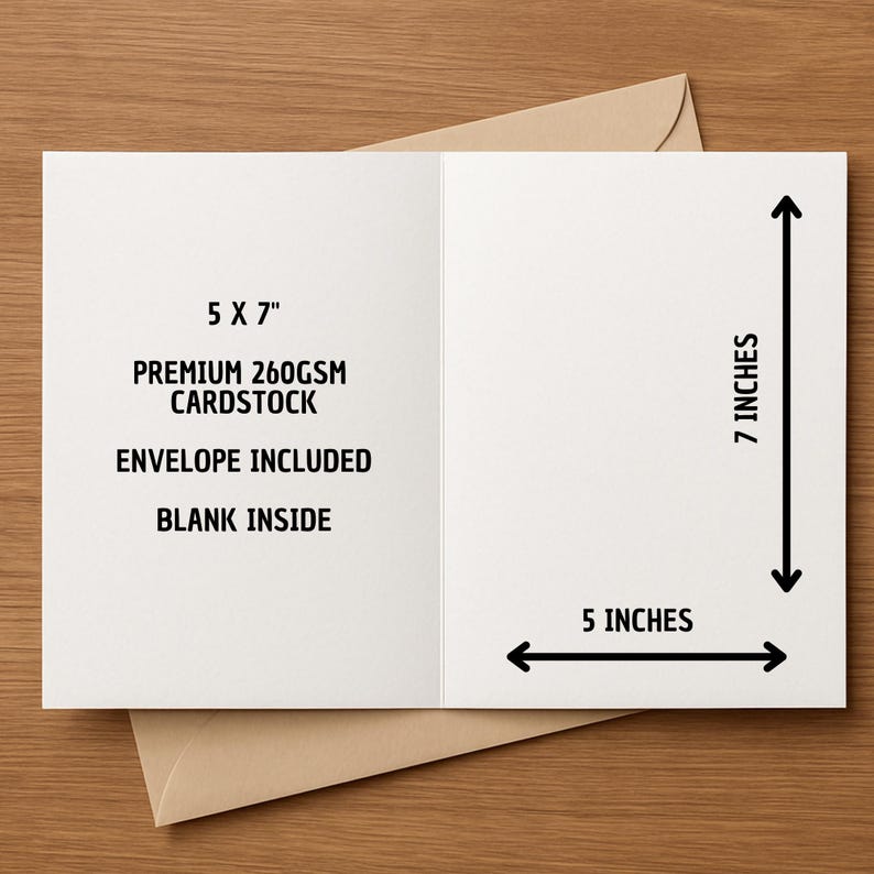 Pode incluir: Um cart&atilde;o em branco dobrado, 12,7 x 17,8 cm, com o texto "PREMIUM 260GSM CARDSTOCK", "ENVELOPE INCLUDED" e "BLANK INSIDE". O cart&atilde;o est&aacute; aberto, revelando um interior em branco. Um envelope &eacute; vis&iacute;vel.