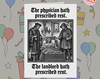 2354 - Tarjeta de pronta recuperación con humor negro, El propietario ha prescrito el alquiler., Tarjeta de pronta recuperación con humor estilo grabado vintage, Humor para desear una pronta recuperación