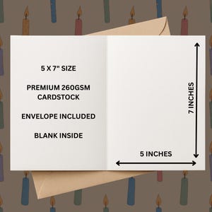 May include: A white folded greeting card with a 5 x 7 inch size, made of premium 260gsm cardstock. The card is blank inside and includes an envelope. Black arrows and text indicate the 5 inch width and 7 inch height dimensions on the card.