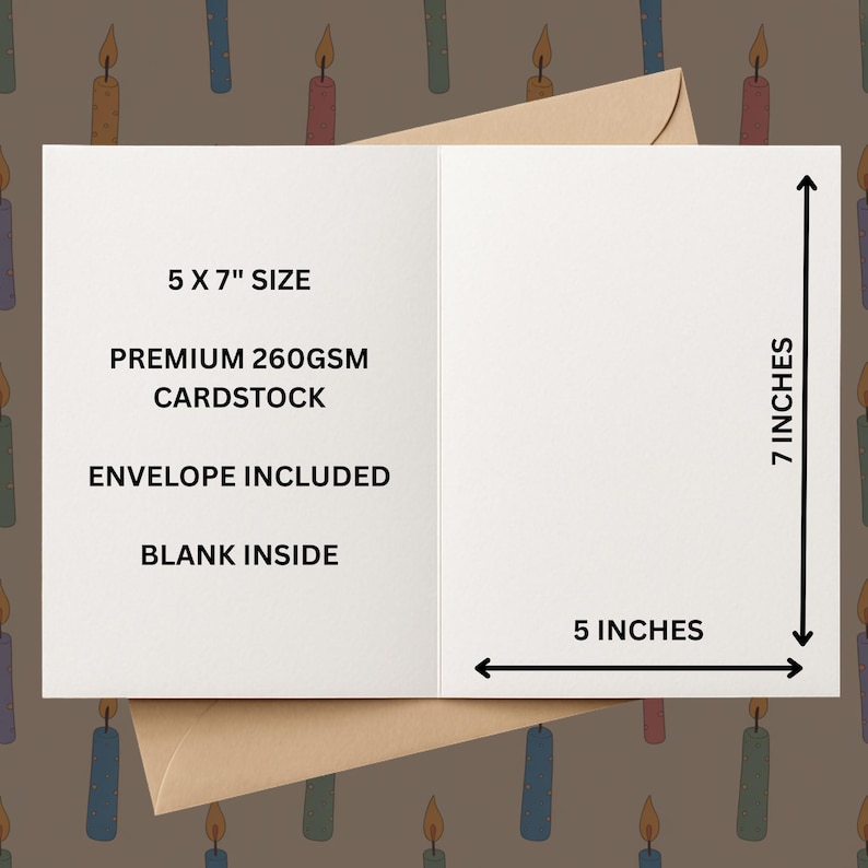 May include: A white folded greeting card with a 5 x 7 inch size, made of premium 260gsm cardstock. The card is blank inside and includes an envelope. Black arrows and text indicate the 5 inch width and 7 inch height dimensions on the card.