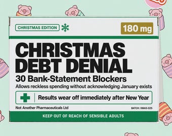 2250 - Offensive Christmas Card, Pharmaceutical Packaging Style Christmas Card, Christmas Joke Card, Christmas Debt Denial Card, Adult Card