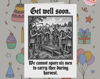 2352 - Tarjeta de pronta recuperación, grabado vintage, tarjeta de recuperación con humor negro, tarjeta de pronta recuperación macabra, tarjeta medieval divertida, tarjeta de pronta recuperación macabra