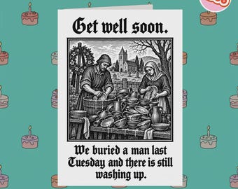 2356 - Tarjeta de pronta recuperación, tarjeta con grabado vintage, tarjeta sarcástica de pronta recuperación, tarjeta macabra de pronta recuperación, tarjeta de recuperación con humor negro, tarjeta con ingenio seco