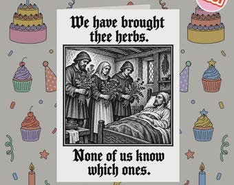 2351 - Divertida tarjeta medieval de pronta recuperación, tarjeta con estilo de grabado medieval vintage, tarjeta de broma medieval, tarjeta de recuperación con humor seco, tarjeta humorística