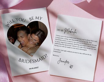 Heart Photo Bridesmaid Proposal Card, 5x7 Editable Canva Template, Personalized Maid of Honor Invite, Digital Download