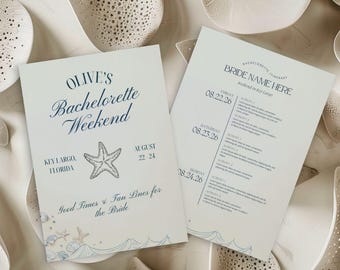 Coastal Bachelorette Invitation Template, 2-Page Editable Canva Design with Itinerary, Beach Bach Party Invite, Digital Download