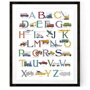 May include: A colorful alphabet chart featuring a different vehicle for each letter. The letters are in a bold, colorful font. The vehicles include an ambulance, excavator, fire truck, garbage truck, helicopter, ice cream truck, jet, loader, mining truck, navy ship, old tanker, pick up truck, quad bike, road roller, school bus, train, ute, van, wagon, x-bike, yacht, and zeppelin.