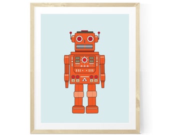 Orangefarbener Roboter Kunstdruck - Digitaler Download für Kinderzimmer