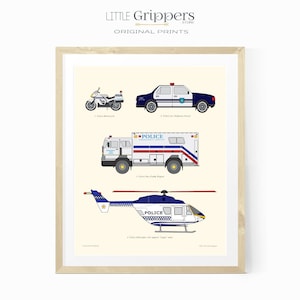 May include: A printable illustration of four different police vehicles: a motorcycle, a patrol car, a traffic wagon, and a helicopter. Each vehicle is white with blue and red accents and the word "POLICE" printed on it.