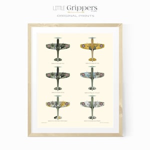 May include: A printable art print featuring four different color variations of a vintage World War II era Spitfire aircraft. The print includes the text "Spitfire Mk. IX" and "Spitfire Mk. V" along with the aircraft's tail numbers.
