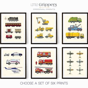 This set of six transportation prints is the perfect wall art for vehicle loving toddlers