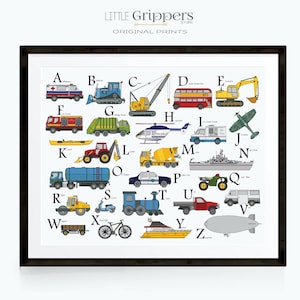 Alphabet nursery print, Truck decor, Toddler boy art print, Construction truck, ABC poster, Vehicle wall art, Classroom art print, Kids gift