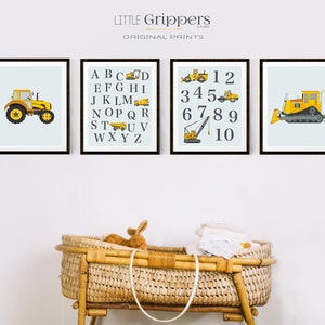 Alphabet and Numbers Nursery Wall Art, ABC Construction Print, Educational Prints, Kids Vehicle Decor, Classroom Art, Toddler Boys Print Set