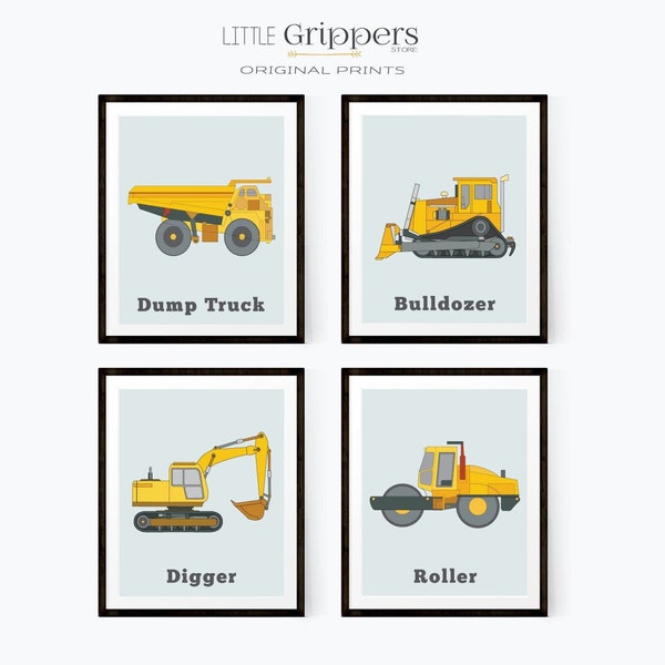 Construction Truck Prints: Yellow Nursery Art, Transportation Set