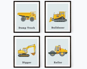 Boys wall art, Construction truck print set, Transport Nursery decor, Toddler boys room, Transportation art, Digger art, Yellow Vehicle set