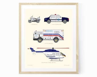 May include: A printable illustration of four different police vehicles: a motorcycle, a patrol car, a traffic wagon, and a helicopter. Each vehicle is white with blue and red accents and the word "POLICE" printed on it.
