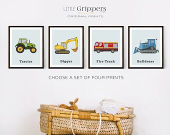 Personalized Boys Nursery Wall Art Set, Vehicle Posters, Toddler Boys Transportation Decor, Cars, Trucks, Trains, Handmade Kids Art Prints