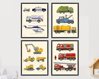 Truck Print set, Vehicle Posters for Kids, Boys room Decor, Construction Truck Art, Gifts for Kids, Unique Wall Art, Handmade Nursery Decor