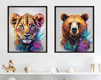 Cute Animal Prints for Nursery, Set of 2 Colourful Animal Printable Decor, Lion Cub, Brown Bear, Adorable Animal Posters, Kids' & Teen rooms
