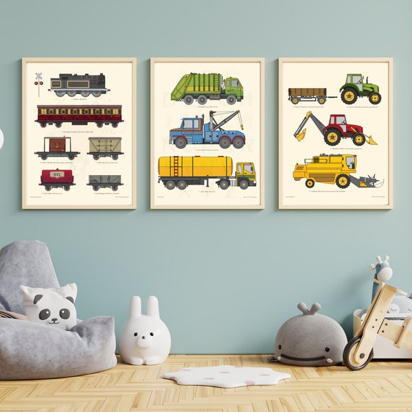 Vehicle Print Set, Boys Nursery Art, Trains Trucks and Farm Machinery Decor