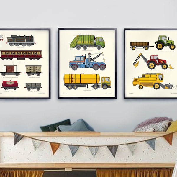 Transportation Vehicle Print Set, Boys Nursery Decor Vintage Chart Prints