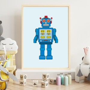 Könnte beinhalten: Ein blauer Roboter-Spielzeug mit roten Augen und einer gelben Antenne. Der Roboter hat einen rechteckigen Körper mit einem Fenster, das ein gelbes und schwarzes Design zeigt. Der Roboter steht auf einem hellblauen Hintergrund.