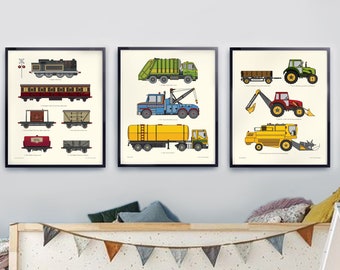 Transportation print set, Toddlers room decor, Boys nursery wall art, Kids car print, Vehicle wall art, Kids chart prints, Truck prints