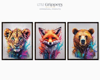 Animal Poster Printable's, Colorful Prints for Kids, Tiger Cub, Red Fox & Brown Bear print, Woodland Animal Wall Art, Toddler Nursery decor