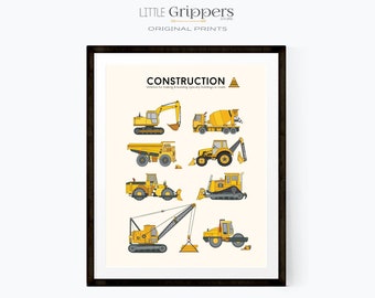 Construction poster for boys room, Kids love this print of diggers, dump trucks, cranes and bulldozers, the perfect transportation decor