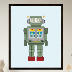 K&ouml;nnte beinhalten: Eine gerahmte Illustration eines gr&uuml;nen Roboters mit gelben und roten Akzenten. Der Roboter hat einen rechteckigen K&ouml;rper mit zwei runden Augen und Antennen. Der Roboter steht auf einem hellblauen Hintergrund.