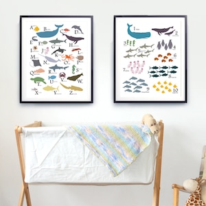 Sea Animal Nursery Print Set, ABC and 123 Ocean Decor,  New Baby Nursery Gift
