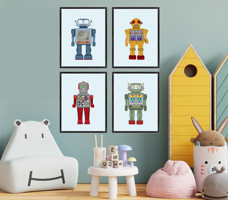 May include: Four framed robot art prints. Each robot is a different color: blue, yellow, red, and green. The robots have various details, including antennas, gauges, and rectangular bodies. The prints are displayed in a child's room.