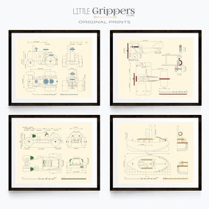 Transportation Wall Art, Boys Vehicle prints, Kids room decor, Set of four Nursery Prints, Truck, Car, Train, Airplane, Blueprint Wall Art