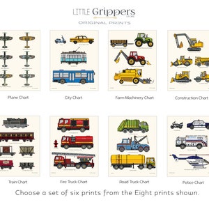 May include: Eight colorful charts featuring different types of vehicles, including planes, city vehicles, farm machinery, construction vehicles, trains, fire trucks, road trucks, and police vehicles. Each chart has a title and features multiple illustrations of the vehicles.