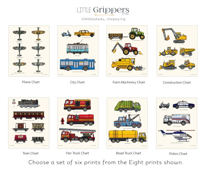 May include: Eight colorful charts featuring different types of vehicles, including planes, city vehicles, farm machinery, construction vehicles, trains, fire trucks, road trucks, and police vehicles. Each chart has a title and features multiple illustrations of the vehicles.